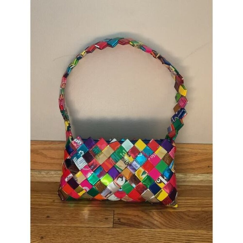 Handmade Woven Candy Wrapper Purse With Zipper Closure & Handle